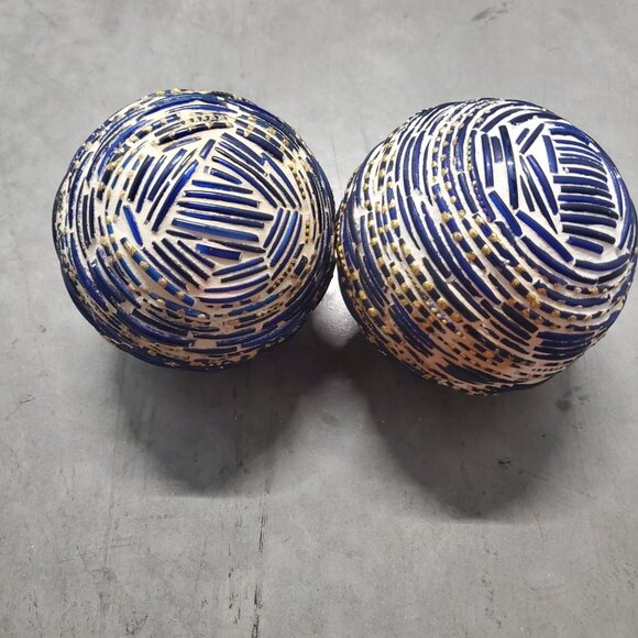 Decorative Handcrafted Blue & White Ceramic Spheres Carpet Balls Set of 2 - Picture 4 of 4